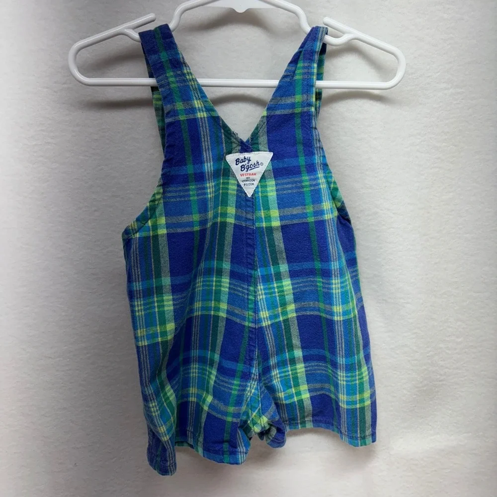 Baby‎ OshKosh B'gosh Boys 3-6 Months Blue Green Plaid Shortalls Overalls Summer